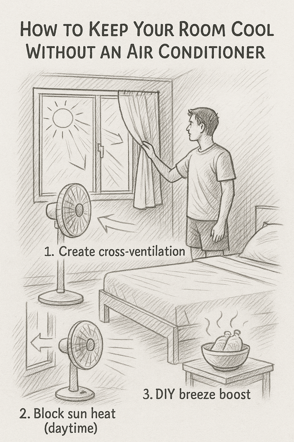 Room cooling setup with cross-ventilation and DIY fan cooler